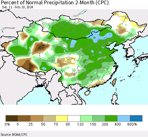 China, Mongolia and Taiwan Percent of Normal Precipitation 2-Month (CPC) Thematic Map For 12/11/2023 - 2/10/2024