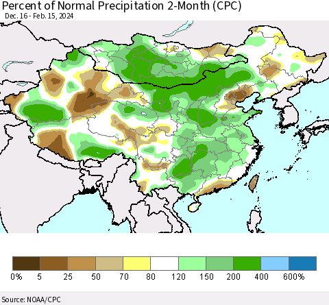 China, Mongolia and Taiwan Percent of Normal Precipitation 2-Month (CPC) Thematic Map For 12/16/2023 - 2/15/2024