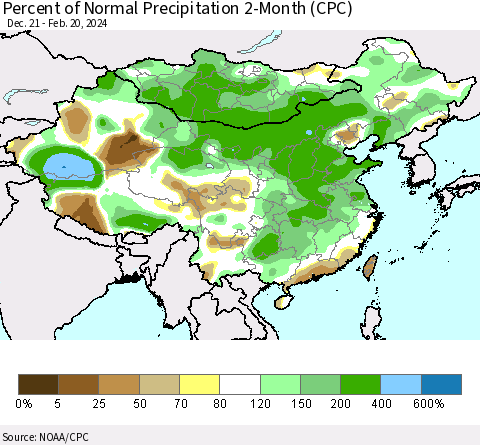 China, Mongolia and Taiwan Percent of Normal Precipitation 2-Month (CPC) Thematic Map For 12/21/2023 - 2/20/2024