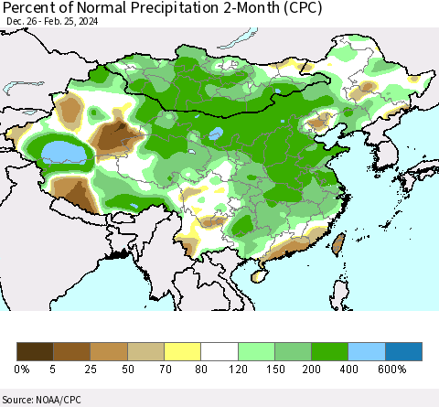 China, Mongolia and Taiwan Percent of Normal Precipitation 2-Month (CPC) Thematic Map For 12/26/2023 - 2/25/2024