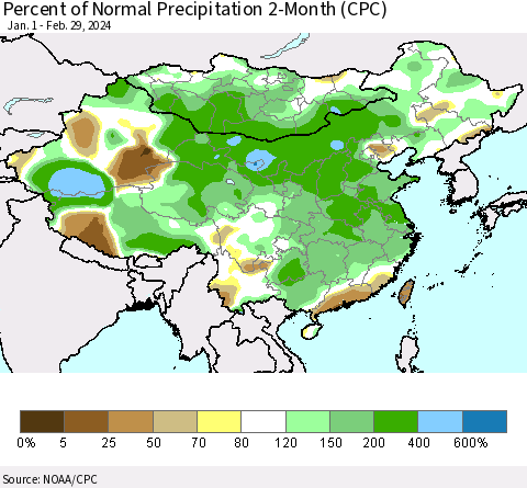 China, Mongolia and Taiwan Percent of Normal Precipitation 2-Month (CPC) Thematic Map For 1/1/2024 - 2/29/2024