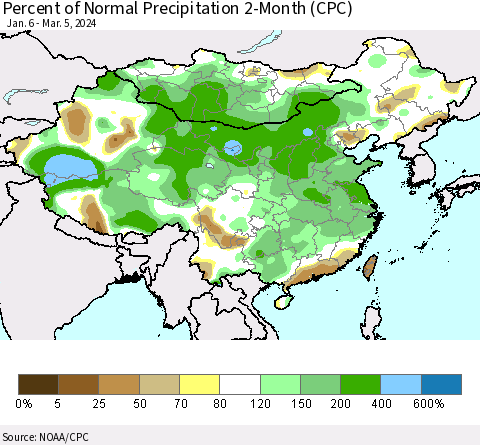 China, Mongolia and Taiwan Percent of Normal Precipitation 2-Month (CPC) Thematic Map For 1/6/2024 - 3/5/2024