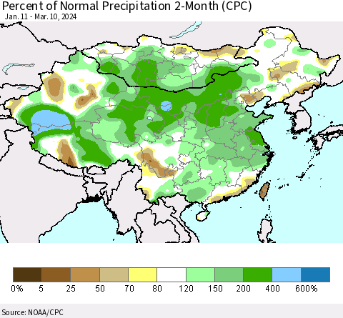 China, Mongolia and Taiwan Percent of Normal Precipitation 2-Month (CPC) Thematic Map For 1/11/2024 - 3/10/2024
