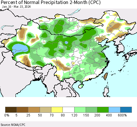 China, Mongolia and Taiwan Percent of Normal Precipitation 2-Month (CPC) Thematic Map For 1/16/2024 - 3/15/2024