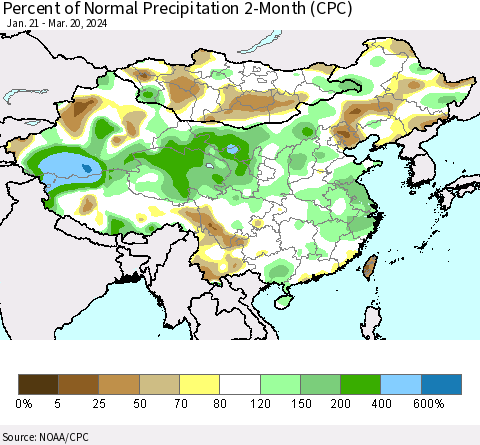 China, Mongolia and Taiwan Percent of Normal Precipitation 2-Month (CPC) Thematic Map For 1/21/2024 - 3/20/2024
