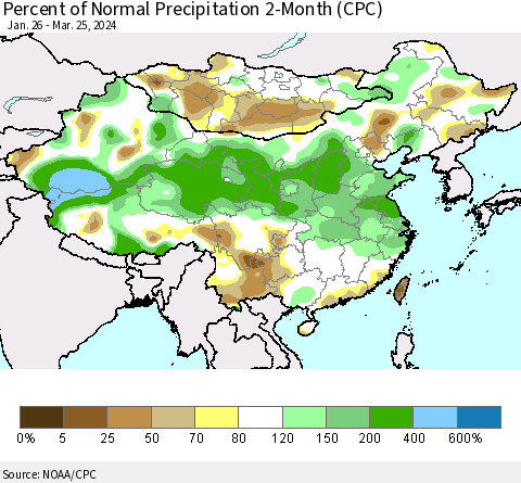 China, Mongolia and Taiwan Percent of Normal Precipitation 2-Month (CPC) Thematic Map For 1/26/2024 - 3/25/2024