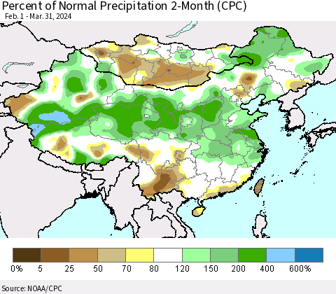 China, Mongolia and Taiwan Percent of Normal Precipitation 2-Month (CPC) Thematic Map For 2/1/2024 - 3/31/2024