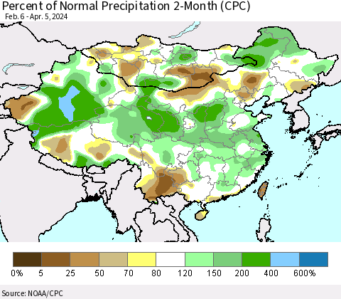 China, Mongolia and Taiwan Percent of Normal Precipitation 2-Month (CPC) Thematic Map For 2/6/2024 - 4/5/2024
