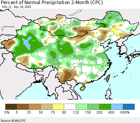 China, Mongolia and Taiwan Percent of Normal Precipitation 2-Month (CPC) Thematic Map For 2/11/2024 - 4/10/2024