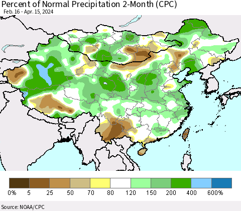 China, Mongolia and Taiwan Percent of Normal Precipitation 2-Month (CPC) Thematic Map For 2/16/2024 - 4/15/2024