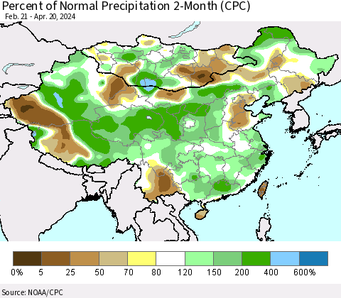 China, Mongolia and Taiwan Percent of Normal Precipitation 2-Month (CPC) Thematic Map For 2/21/2024 - 4/20/2024