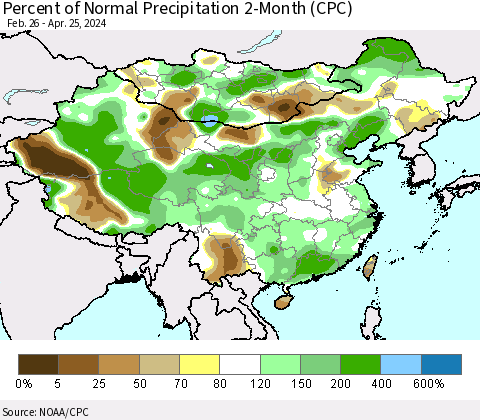China, Mongolia and Taiwan Percent of Normal Precipitation 2-Month (CPC) Thematic Map For 2/26/2024 - 4/25/2024