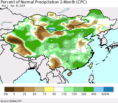 China, Mongolia and Taiwan Percent of Normal Precipitation 2-Month (CPC) Thematic Map For 3/1/2024 - 4/30/2024