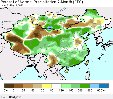 China, Mongolia and Taiwan Percent of Normal Precipitation 2-Month (CPC) Thematic Map For 3/6/2024 - 5/5/2024