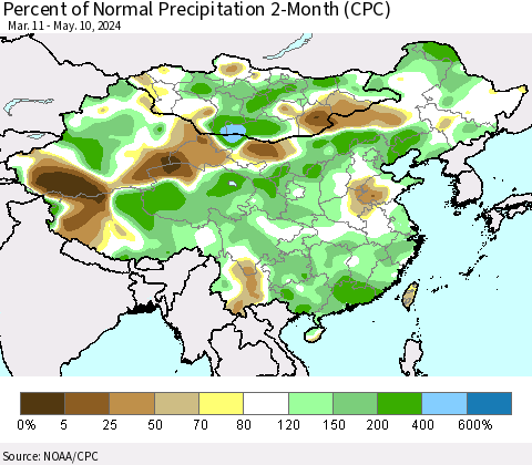 China, Mongolia and Taiwan Percent of Normal Precipitation 2-Month (CPC) Thematic Map For 3/11/2024 - 5/10/2024
