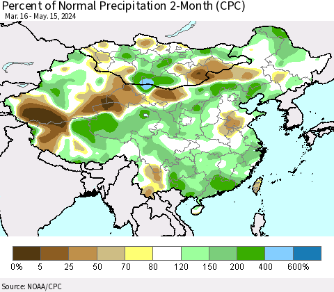 China, Mongolia and Taiwan Percent of Normal Precipitation 2-Month (CPC) Thematic Map For 3/16/2024 - 5/15/2024