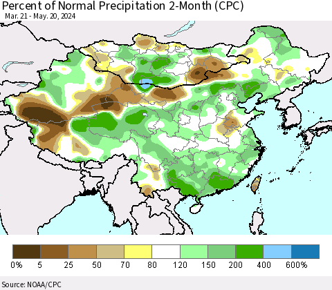 China, Mongolia and Taiwan Percent of Normal Precipitation 2-Month (CPC) Thematic Map For 3/21/2024 - 5/20/2024