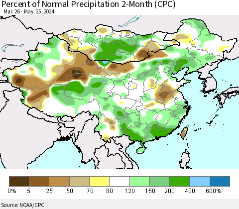 China, Mongolia and Taiwan Percent of Normal Precipitation 2-Month (CPC) Thematic Map For 3/26/2024 - 5/25/2024