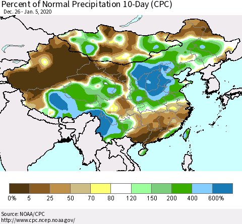 China, Mongolia and Taiwan Percent of Normal Precipitation 10-Day (CPC) Thematic Map For 12/26/2019 - 1/5/2020