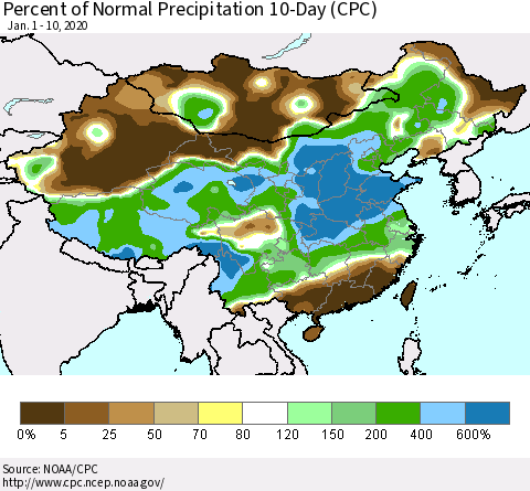 China, Mongolia and Taiwan Percent of Normal Precipitation 10-Day (CPC) Thematic Map For 1/1/2020 - 1/10/2020