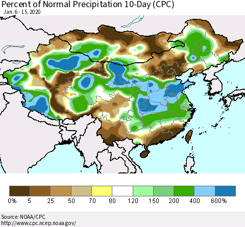 China, Mongolia and Taiwan Percent of Normal Precipitation 10-Day (CPC) Thematic Map For 1/6/2020 - 1/15/2020