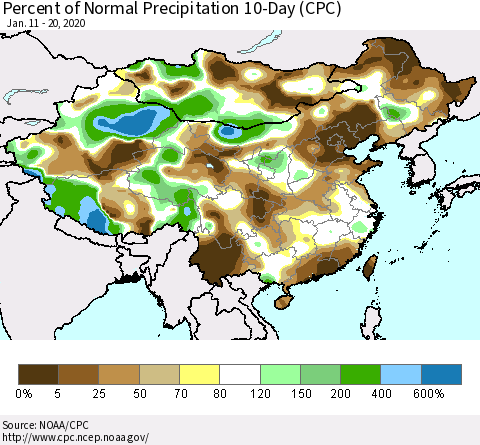 China, Mongolia and Taiwan Percent of Normal Precipitation 10-Day (CPC) Thematic Map For 1/11/2020 - 1/20/2020