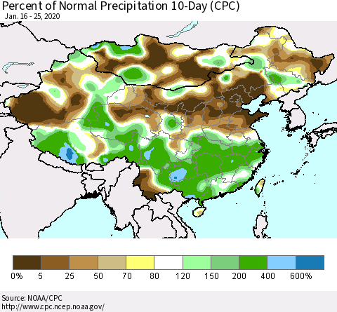 China, Mongolia and Taiwan Percent of Normal Precipitation 10-Day (CPC) Thematic Map For 1/16/2020 - 1/25/2020