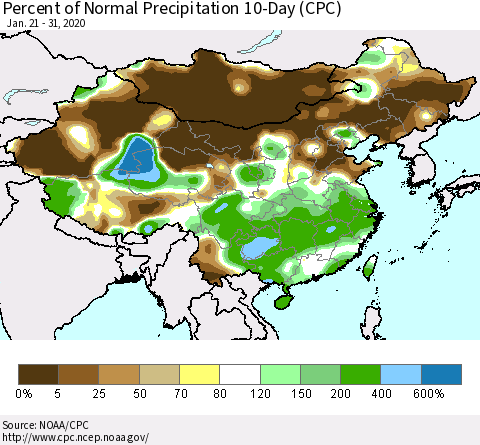 China, Mongolia and Taiwan Percent of Normal Precipitation 10-Day (CPC) Thematic Map For 1/21/2020 - 1/31/2020