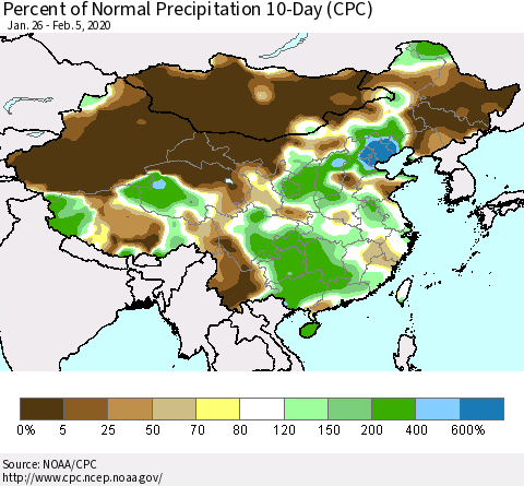 China, Mongolia and Taiwan Percent of Normal Precipitation 10-Day (CPC) Thematic Map For 1/26/2020 - 2/5/2020