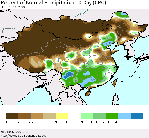 China, Mongolia and Taiwan Percent of Normal Precipitation 10-Day (CPC) Thematic Map For 2/1/2020 - 2/10/2020