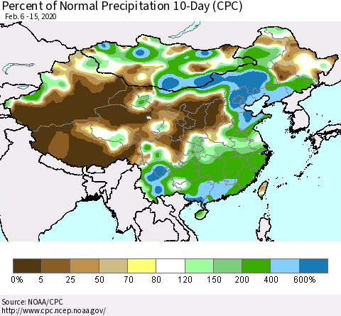 China, Mongolia and Taiwan Percent of Normal Precipitation 10-Day (CPC) Thematic Map For 2/6/2020 - 2/15/2020