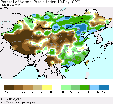 China, Mongolia and Taiwan Percent of Normal Precipitation 10-Day (CPC) Thematic Map For 2/11/2020 - 2/20/2020