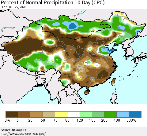 China, Mongolia and Taiwan Percent of Normal Precipitation 10-Day (CPC) Thematic Map For 2/16/2020 - 2/25/2020