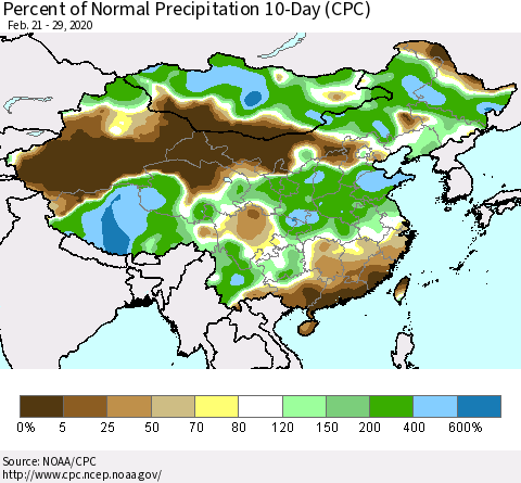 China, Mongolia and Taiwan Percent of Normal Precipitation 10-Day (CPC) Thematic Map For 2/21/2020 - 2/29/2020