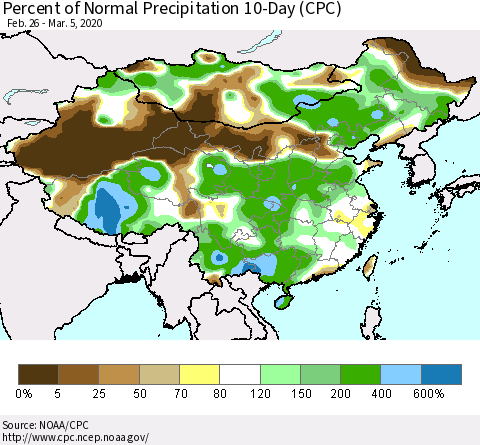 China, Mongolia and Taiwan Percent of Normal Precipitation 10-Day (CPC) Thematic Map For 2/26/2020 - 3/5/2020