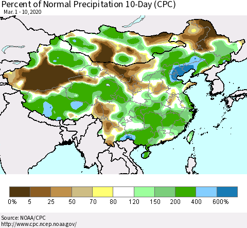 China, Mongolia and Taiwan Percent of Normal Precipitation 10-Day (CPC) Thematic Map For 3/1/2020 - 3/10/2020