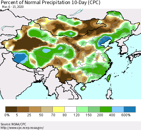 China, Mongolia and Taiwan Percent of Normal Precipitation 10-Day (CPC) Thematic Map For 3/6/2020 - 3/15/2020