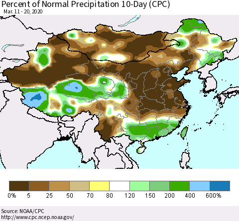 China, Mongolia and Taiwan Percent of Normal Precipitation 10-Day (CPC) Thematic Map For 3/11/2020 - 3/20/2020