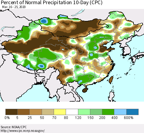 China, Mongolia and Taiwan Percent of Normal Precipitation 10-Day (CPC) Thematic Map For 3/16/2020 - 3/25/2020