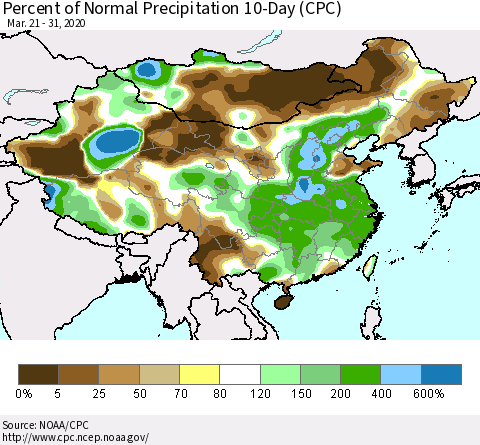 China, Mongolia and Taiwan Percent of Normal Precipitation 10-Day (CPC) Thematic Map For 3/21/2020 - 3/31/2020