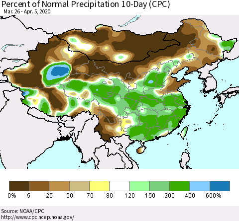 China, Mongolia and Taiwan Percent of Normal Precipitation 10-Day (CPC) Thematic Map For 3/26/2020 - 4/5/2020
