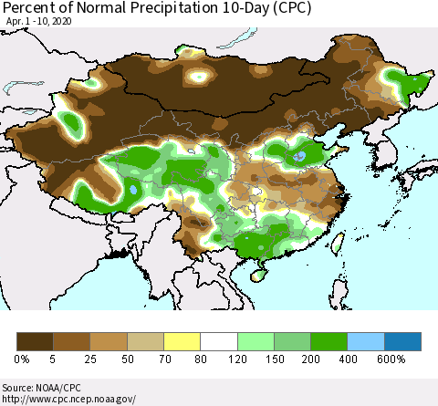 China, Mongolia and Taiwan Percent of Normal Precipitation 10-Day (CPC) Thematic Map For 4/1/2020 - 4/10/2020