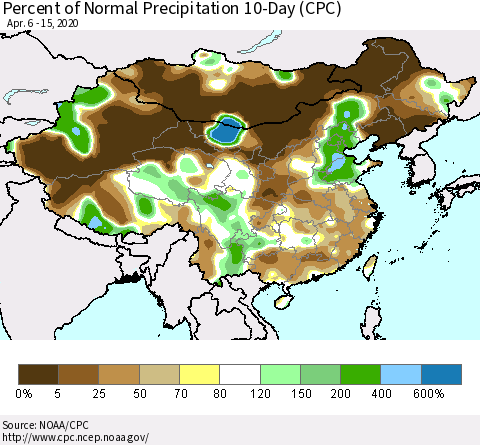 China, Mongolia and Taiwan Percent of Normal Precipitation 10-Day (CPC) Thematic Map For 4/6/2020 - 4/15/2020