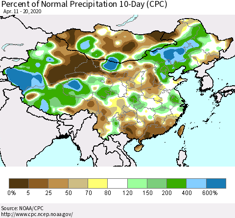 China, Mongolia and Taiwan Percent of Normal Precipitation 10-Day (CPC) Thematic Map For 4/11/2020 - 4/20/2020