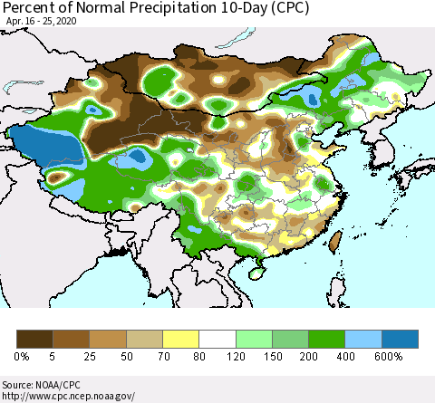 China, Mongolia and Taiwan Percent of Normal Precipitation 10-Day (CPC) Thematic Map For 4/16/2020 - 4/25/2020