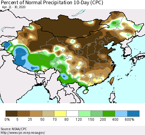 China, Mongolia and Taiwan Percent of Normal Precipitation 10-Day (CPC) Thematic Map For 4/21/2020 - 4/30/2020