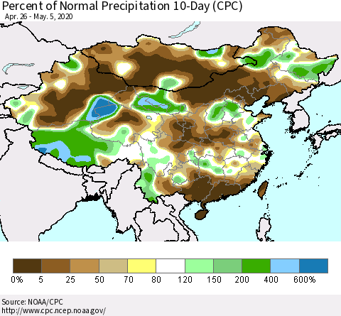 China, Mongolia and Taiwan Percent of Normal Precipitation 10-Day (CPC) Thematic Map For 4/26/2020 - 5/5/2020