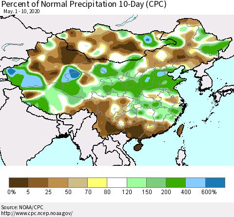 China, Mongolia and Taiwan Percent of Normal Precipitation 10-Day (CPC) Thematic Map For 5/1/2020 - 5/10/2020