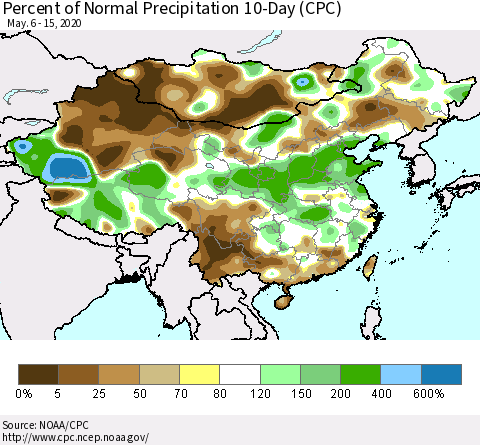 China, Mongolia and Taiwan Percent of Normal Precipitation 10-Day (CPC) Thematic Map For 5/6/2020 - 5/15/2020
