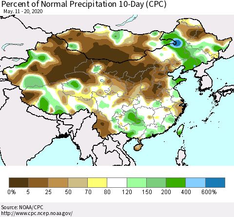 China, Mongolia and Taiwan Percent of Normal Precipitation 10-Day (CPC) Thematic Map For 5/11/2020 - 5/20/2020